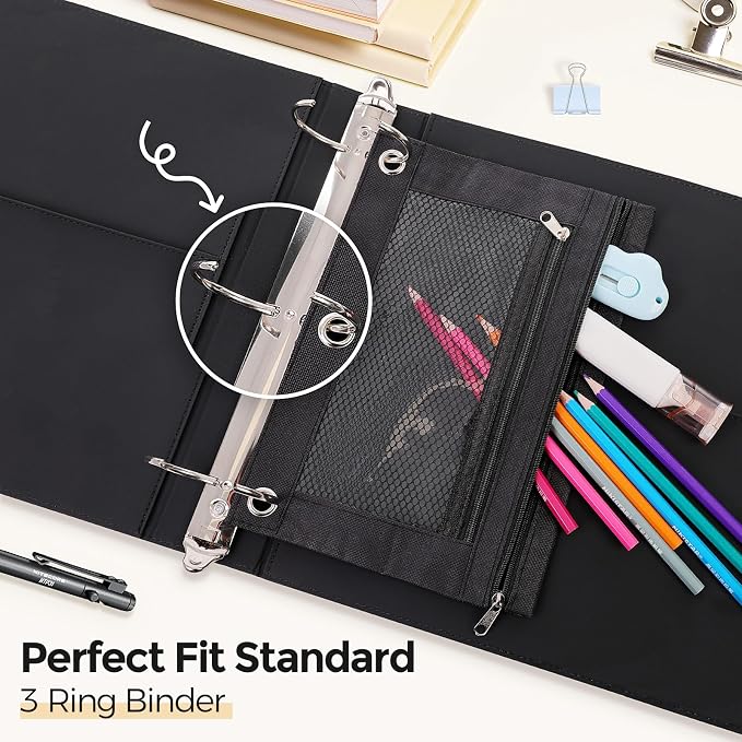KONVINIT Pencil Pouch for 3 Ring Binder, Zipper Binder Pencil Pouch, Durable Cloth Pencil Case with 2 Pockets, Mesh Window Pencil Case Pouch for School Supplies, Cables, Earbuds, Makeup, Black
