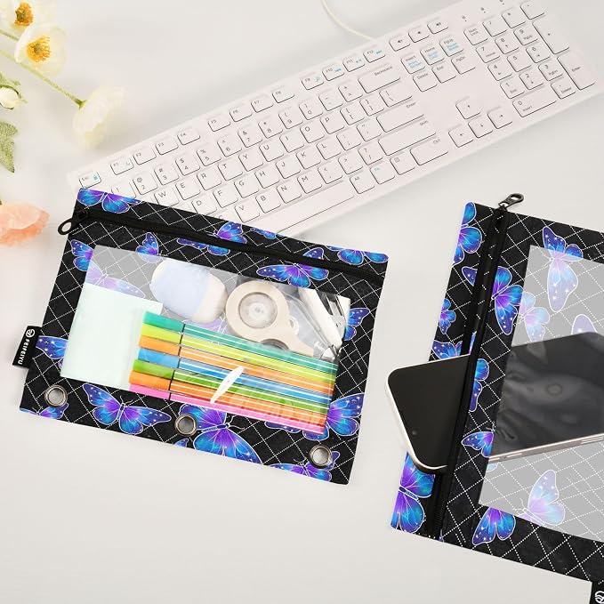 Gredecor 3 Ring Binder Pencil Pouch, Blue Purple Butterflies Zippered Pen Case Pouches with Clear Window, 2 Pack Stylish Office & School Supplie