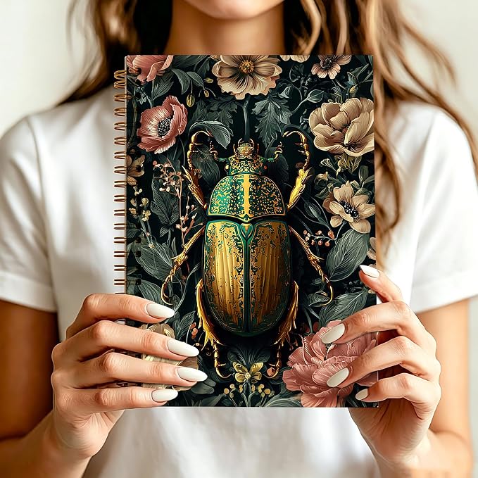Vintage Floral Beetle Journal Notebook 5.5x8.3, William Morris Inspired Moody Beetle Insect Journal for Women, Dark Cottagecore Botanical Notebooks for Work