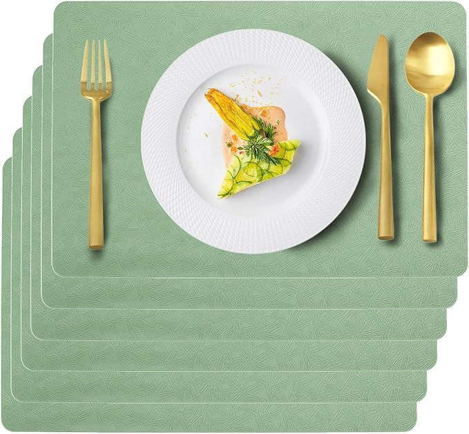 Green Plastic Placemats Set of 6, Faux Leather Waterproof Table Mats | Green Vinyl placemats,Wipeable and heat resistant table mats.Easy to clean,great for indoor and outdoor