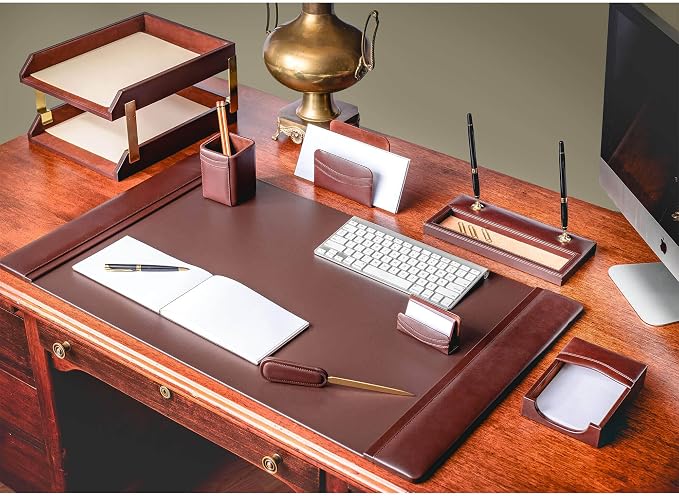 Dacasso Chocolate Brown Leather Luxury Desk Accessory Set - 10 Piece Executive Desk Decor - 34" x 20" Leather Blotter Pad & Organization Essentials