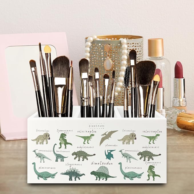 Dinosaur Pen Pencil Holder Organizer for Desk, Dino Type Educational Chart Wooden Box Signs Decorations for Kids Boys Room Bedroom Classroom Desk Tabletop, Dinosaur Gifts for Kids Boys
