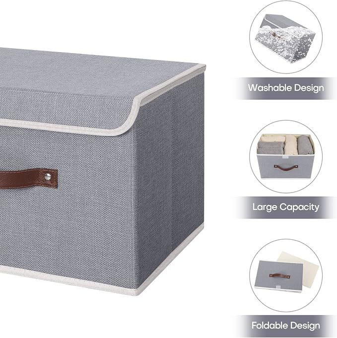 ANMINY Storage Bin with Lid Storage Boxes with PU Leather Handles PP Plastic Board Decorative Foldable Lidded Cotton Linen Fabric Home Cubes Baskets Closet Organizer Container - Gray, Medium