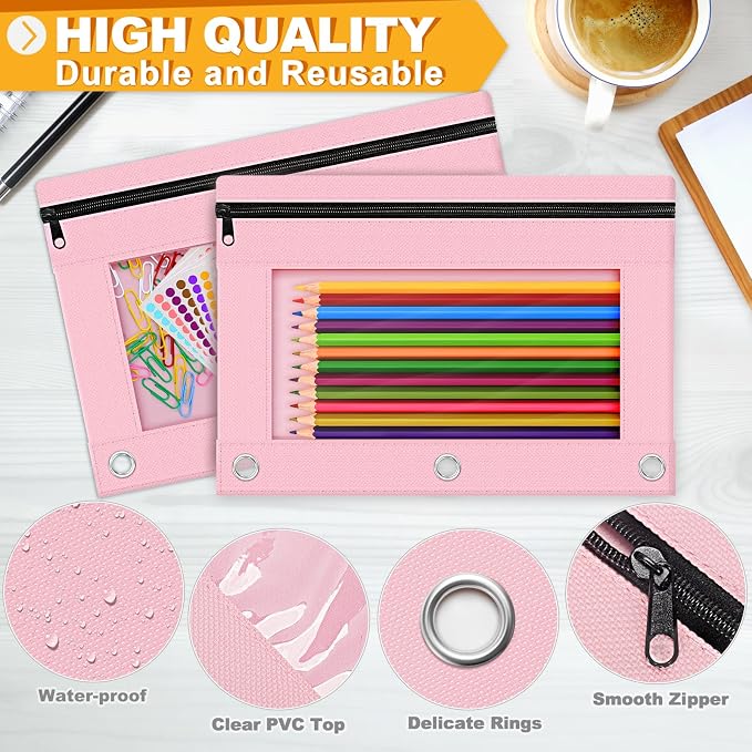 Pencil Pouch for 3 Ring Binder, 2 Pack Pencil Bags with Zipper, Pink Pencil Case for Classroom School Office Supplies, Large Sturdy and Durable Cloth Pencil Pocket for 3 Holder Binder