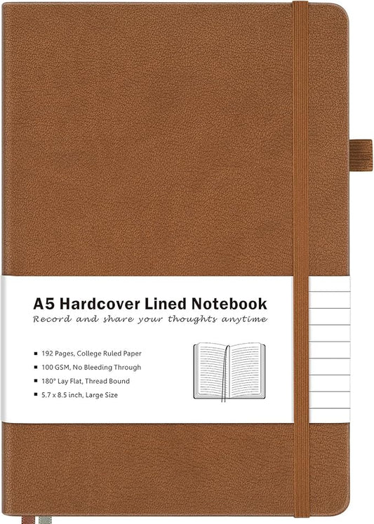 College Ruled Notebook, Hardcover Leather Journal for Women Men, A5, Lined | No Bleed Thick Paper for Smooth Writing, Lay Flat, A5 Portable Size for Work, School, and Travel, Professional Business Style