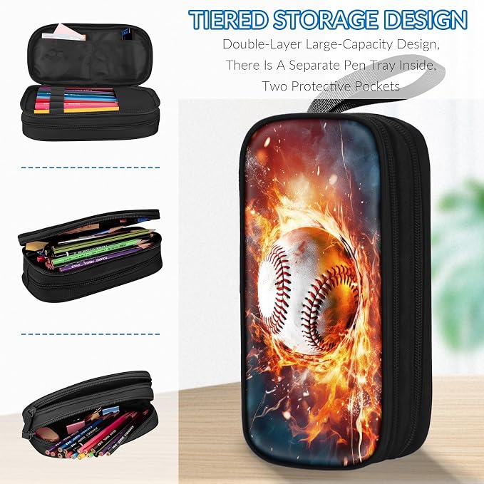 TILYTADLY Large Pencil Case for Boys - Baseball Boys Pencil Pouch with Zipper Compartments - Big Capacity Pen Box Pen Bag Organizer with Keychain for Kids Teens School