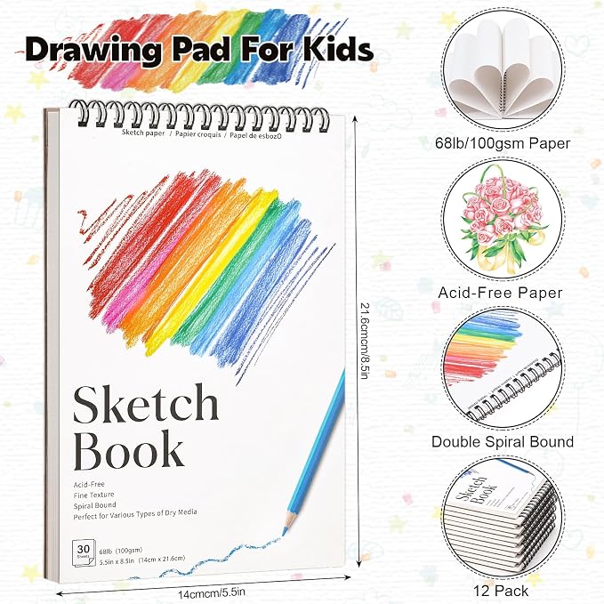 12 Pack Small Sketch Books, 5.5 x 8.5 Inch Mini Sketchbook, 68lb/100gsm Spiral Bound Small Sketch Pad, Acid Free Art Supplies Drawing Painting Sketchbook for Kids, Beginners, Artists