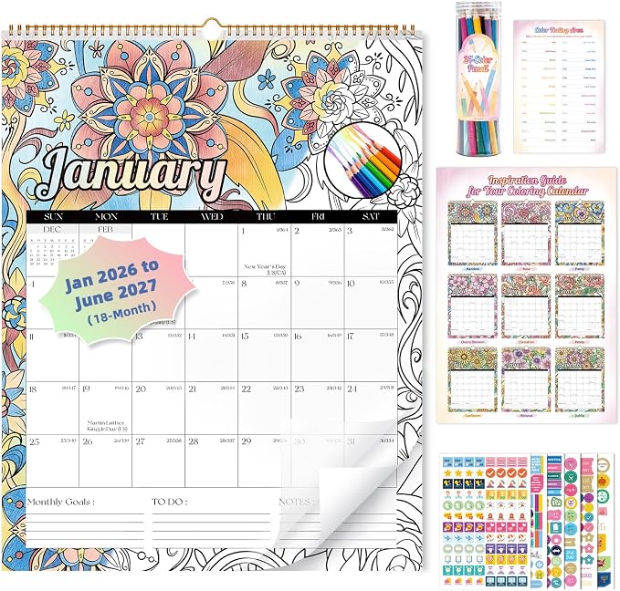 Ospelelf Large Spiral Wall Calendar 2026-2027, 22'' x 17'' Monthly Coloring Calendar, 18 Month Painting Calendar for Family, Kids, Use Jan 2026 - June 2027, Floral