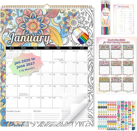 Ospelelf Large Spiral Wall Calendar 2026-2027, 22'' x 17'' Monthly Coloring Calendar, 18 Month Painting Calendar for Family, Kids, Use Jan 2026 - June 2027, Floral