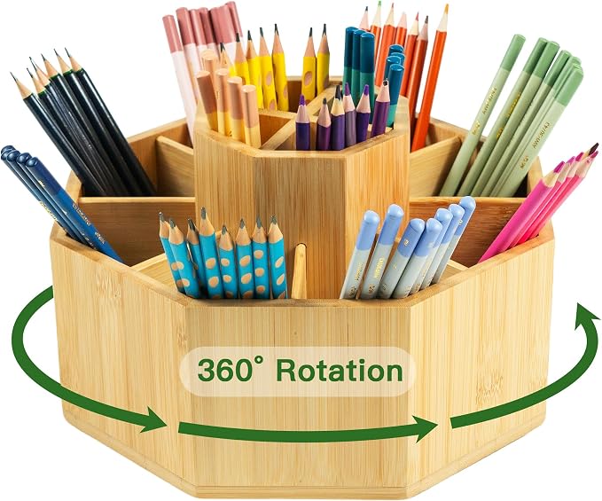VaeFae 360° Rotating Bamboo Pen Holder Desk Art Supply Organizer | 9-12 Slots, Removable Divider, Octagonal Frame, Polished Surface, Space-Saving for Pens, Markers, Brushes & Beauty Supplies