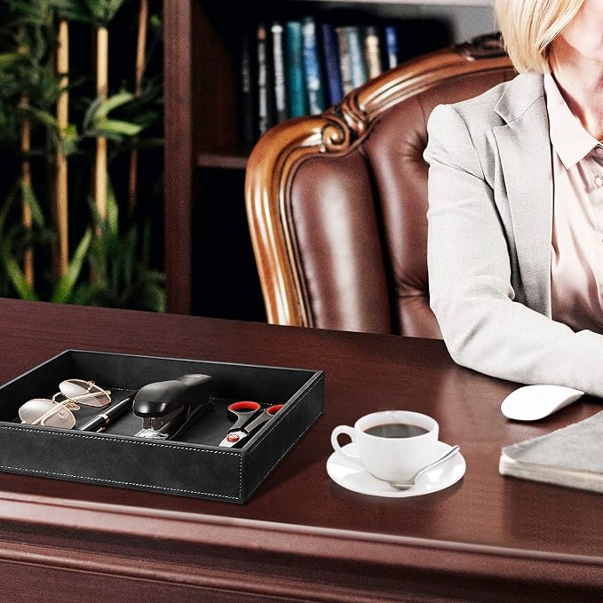SITHON Valet Tray Desk Organizer PU Leather Catchall | Bedside Vanity Tray Nightstand Caddy Coin Box Key Jewelry Storage Organizer, Graduation, Black