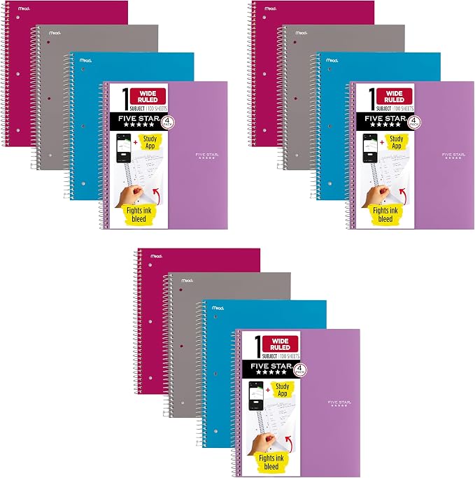 Five Star Spiral Notebook + Study App, 4 Count, 1 Subject, Wide Ruled Paper, 8" x 10-1/2", 100 Sheets, Fights Ink Bleed, Water Resistant Cover, Purple, Pink, Gray and Blue (930105-ECM) (Pack of 3)