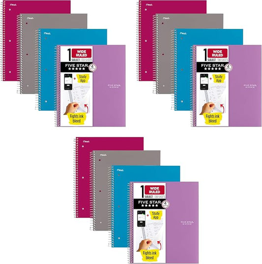 Five Star Spiral Notebook + Study App, 4 Count, 1 Subject, Wide Ruled Paper, 8" x 10-1/2", 100 Sheets, Fights Ink Bleed, Water Resistant Cover, Purple, Pink, Gray and Blue (930105-ECM) (Pack of 3)