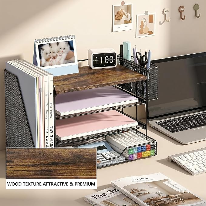 OPNICE Desk Organizer, 4-Tier Desktop File Organizer with Drawer and Pen Holders, Office Desk Accessories, File Sorters, Workspace Organizers for Office Supplies(Wood)