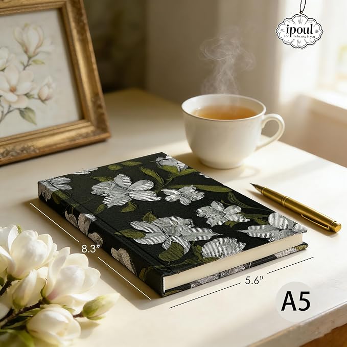 Flower Notebook, A5, 6x8, Hardcover, Lay Flat, Lined Paper, Ruled Page, Journal for Women, Writing Notebook, Pretty, Magnolia, Black, Birthday Gifts for Women, Mothers day Gifts