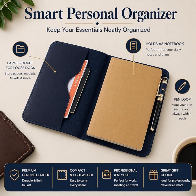 Premium Leather Journal Cover A5 – Handmade Refillable Notebook Cover Sleeve with Pen Holder for Writing, Travel & Business Use 5.75 x 8.25 (Blue)