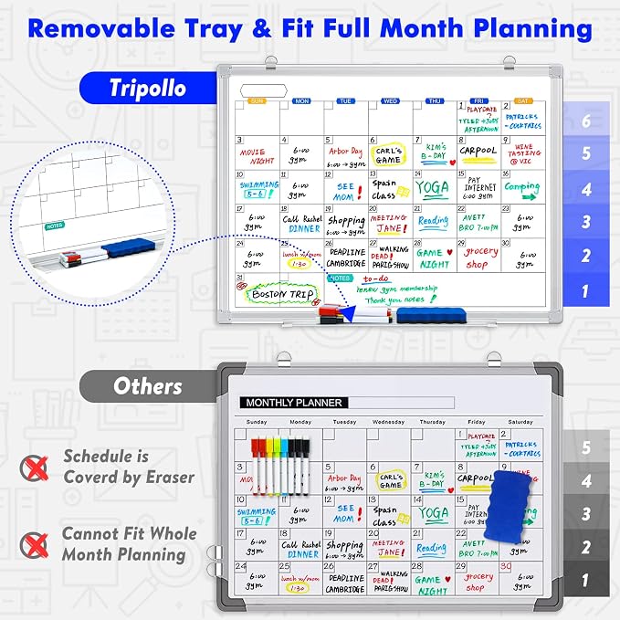 White Board Calendar Dry Erase for Wall, 24" x 18" Aluminum Frame | Magnetic Monthly Planner Board, Wall Mounted or Hanging. Calendar Design Suitable for Daily Planning of Home, Office, Class
