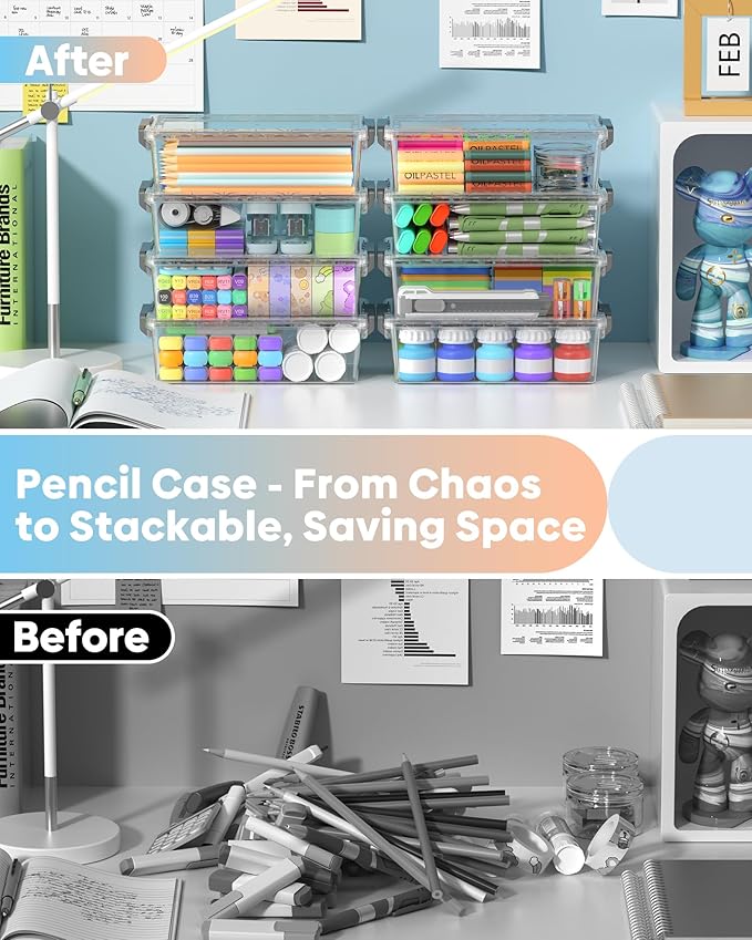 BiuLeon 8 Pack Large Pencil Box Set, Plastic Clear Pencil Case Marker Organizer, Crayon Box Craft Organizers, Stackable Storage Containers with Lid for Pen, Art and Craft Supplies(Grey)