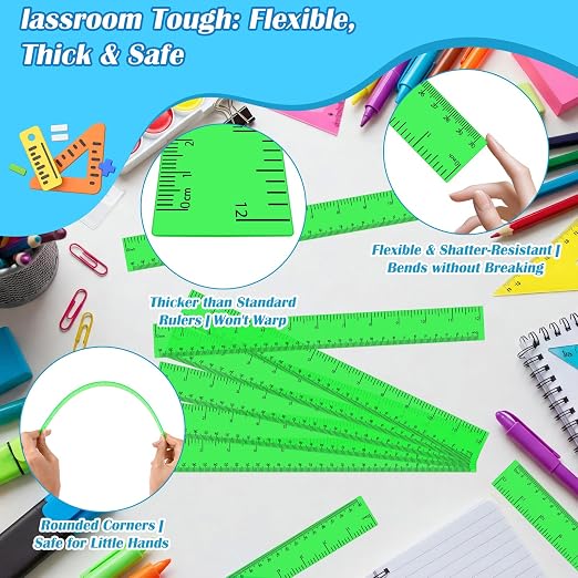 36 Pack 12 Inch Clear Green Plastic Rulers Bulk, Transparent Metric Rulers with Centimeters and Inches, Straight Measuring Rulers for Back to School, Kids Classroom School Office Home Supplies