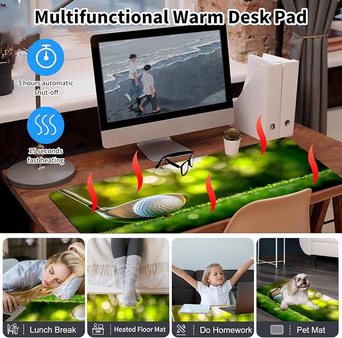 Warm Desk Pad,Heated Desk Pad,Office Mat,3 Heating Levels & 3 Hours Auto Shut-Off,31.5"*13" Gaming Mouse Laptop Keyboard Leather Desk Mat,Golf Club Lawn