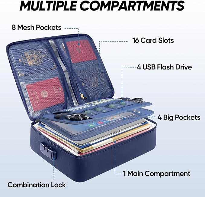 BALEINE Fireproof Document Box with Lock, Portable Fireproof Document Bag Waterproof Fire Proof File Boxes for Documents, File Organizer Box for Important Paperwork (Blue, 15''x11''x4'')