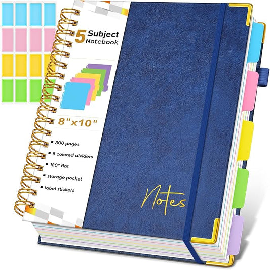 5 Subject Graph Paper Notebook with Removable Dividers Tabs, 300 Pages Hardcover Leather Grid Spiral Journal, 8"x10" B5 Large Graphing Notebooks for Women Men Work School College Engineering, Navy