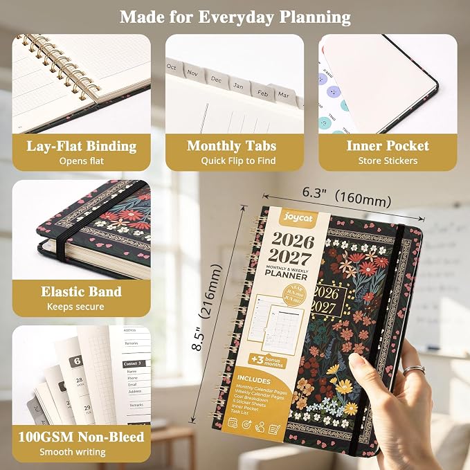 JoyCat Academic Planner 2026-2027, A5 Weekly & Monthly, Midnight Garden | July 2026-June 2027 A5 planner combines weekly and monthly layouts, tabs, grid notes and sticker sheets.