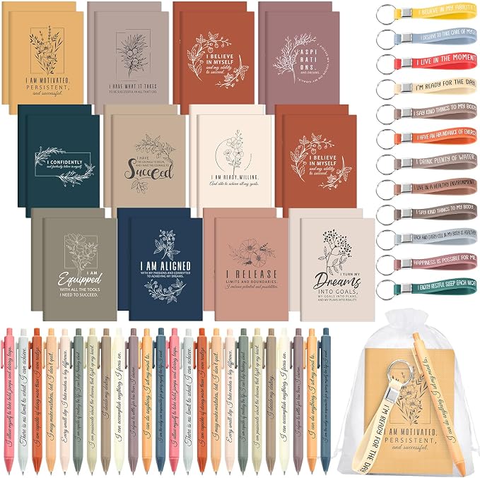 Mooliwe 12 Set Positive Affirmation Gift Set Gratitude Notebooks with Pens Keychains Small Bags Motivational Party Favors for Adult Women Coworkers Employee Group (Vibrant)