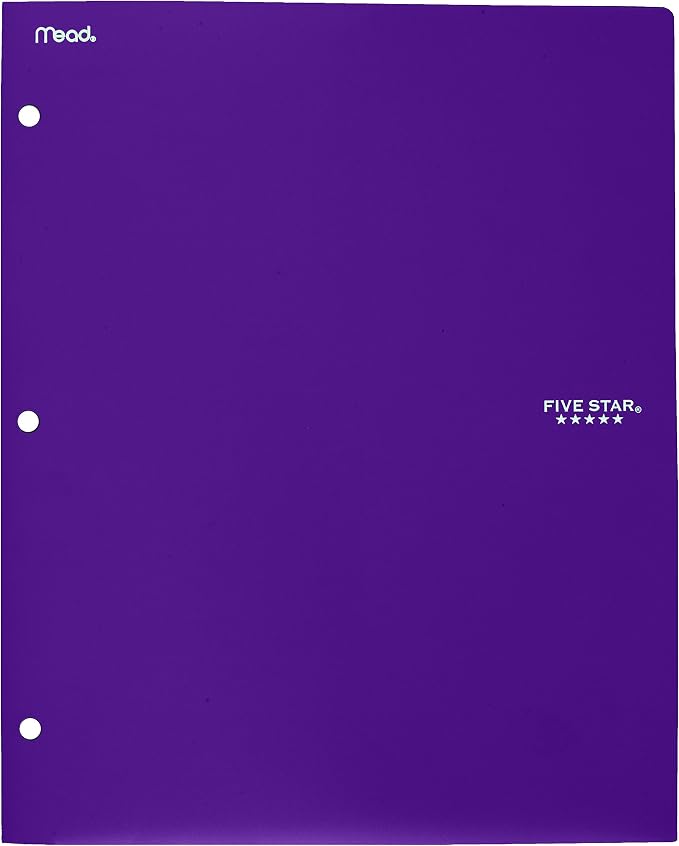 Five Star 2-Pocket Folder,Plastic Folder with Stay-Put Tabs,Fits 3-Ring Binder,Holds 8-1/2" x 11" Paper,Tidewater Blue,White,Amethyst Purple,Harvest Yellow (38065),4 Count (Pack of 6)