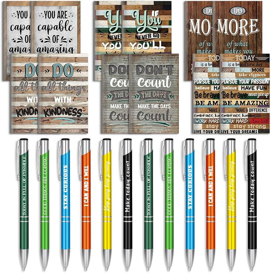Geyee 24 Pcs Mini Motivational Pens Inspirational Notepads Bulk Appreciation Gifts Small Journals Funny Ballpoint Pen Set Prizes Men Women Office Travel Party Favors(Retro)