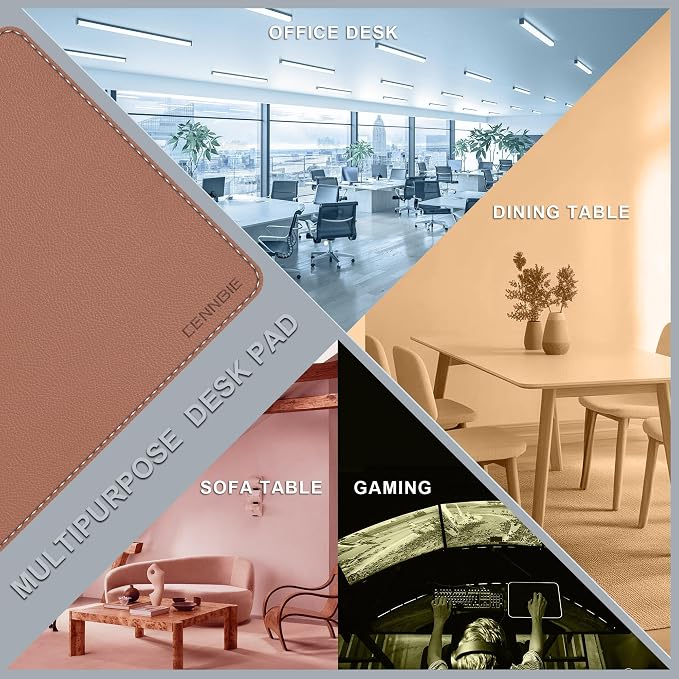 CENNBIE 35.5" x 16" Leather Desk Mat, Computer Mouse Pad for Office(Brown) | Premium stitched edges resist wear. Easy to clean. Protects desk from spills, stains ,scratches. Smooth glide. Office & home.