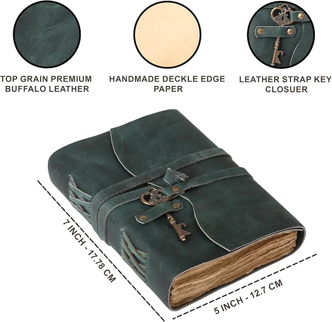 Leather Journal with Deckle Edge Paper 8x6 inch and Vintage Key | Handmade Writing Notebook Diary | Bound Daily Notepad for Men & Women Medium, Sketch/Writing pad for Artists