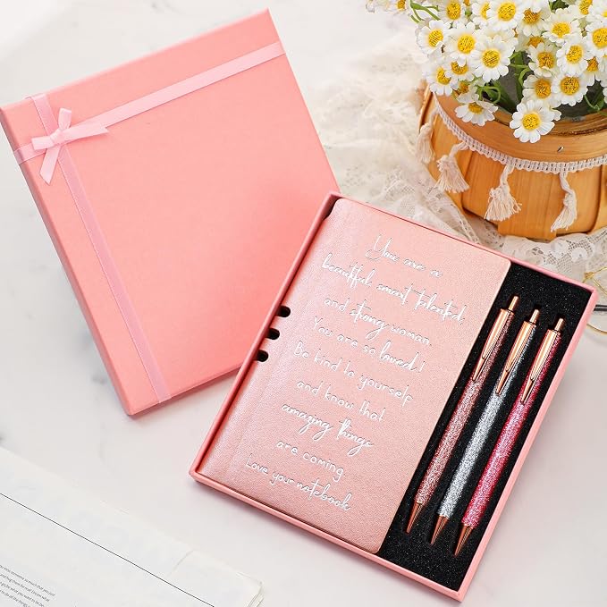 Resurhang 5 Pcs Inspirational Journal for Women Employee Appreciation Gift A6 Leather Journal Glitter Ballpoint Pen with Box for Back to School Teacher Coworker Female Secretary Nurse(Rose Gold)