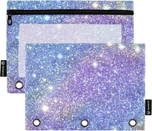 ALAZA Pencil Pouch for 3 Ring Binder, Sparkling Blue Purple Print Binder Pencil Pouches with Clear Window Zipper Pencil Case Cosmetic Bags for Office College Supplies, 2PCS