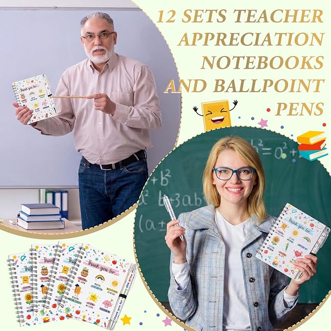 Colarr 12 Sets Teacher Appreciation Notebooks and Ballpoint Pens Teacher Appreciation Gifts Bulk Thank You for Helping Me Grow Gifts Spiral Notebooks for School Office Supplies
