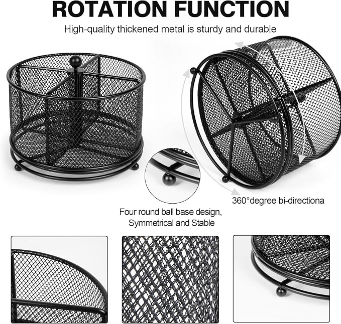 360° Rotating Multifunctional Pen Holder, Cosmetic Organizer, Cutlery Holder for Kitchen, Party Camping Picnic, Dressing Room, Desktop Stationery Storage, 4 Compartments Mesh Large Capacity Storage