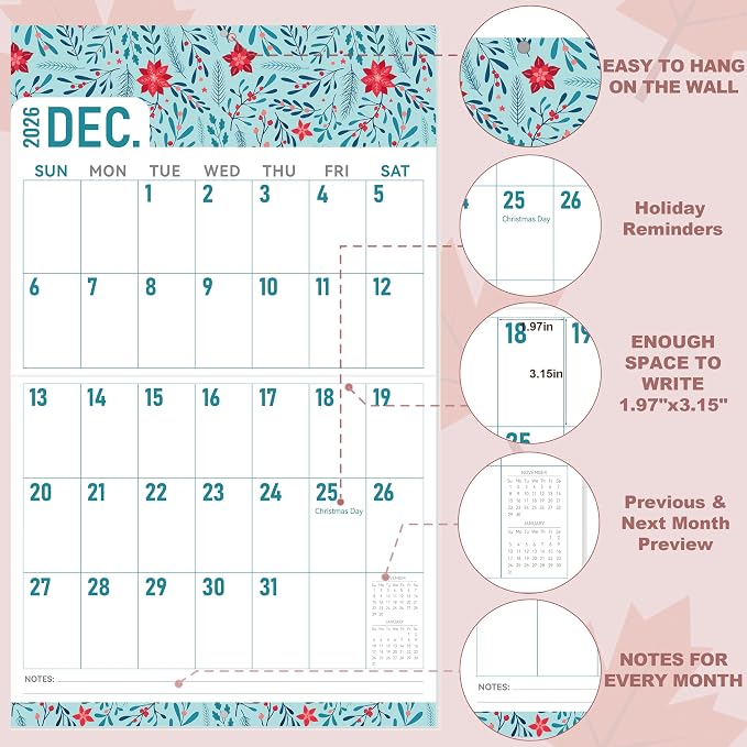 GuassLee Wall Calendar 2026-2027 Large, 23"x14" Vertical Wall Calendar 2026, 13-Month, Jun. 2026 -Jun 2027, Hanging Monthly Planner Wall with Big Grid, Big Numbers for Low Vision Home Office Planning