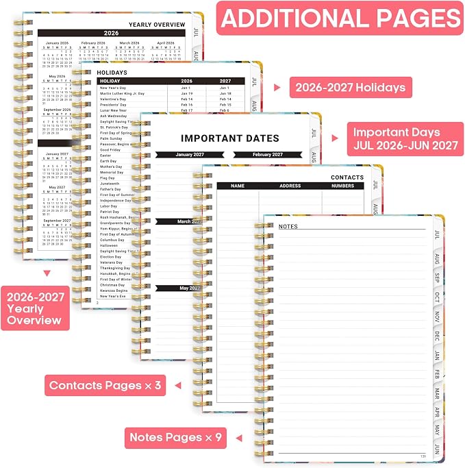 Academic Planner 2026-2027, Weekly and Monthly Calendar Book, July 2026 – June 2027, Hardcover Planner with Tabs, Perfect for Teachers, Students, Women & Men, A5 (6.4" x 8.5") - Pastel Garden