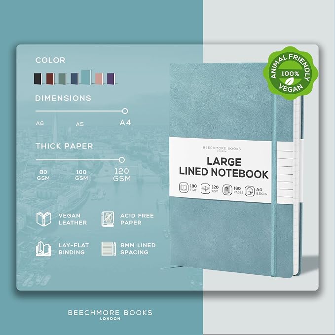 BEECHMORE BOOKS Large Lined Journal Notebook, 8.5" x 11.5" (A4) Hardcover Vegan Leather Executive Diary for Work, Thick 120gsm Paper, Lay-Flat Binding, Gift Box