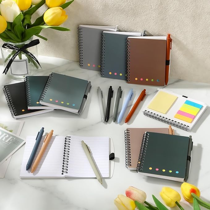 Chuangdi 50 Sets Lined Spiral Notebooks with Sticky Notes and Bamboo Pens, Back-to-school Gifts for Office Teachers Staff, Boho Notebook with Pen Bulk Gift (Neutral)