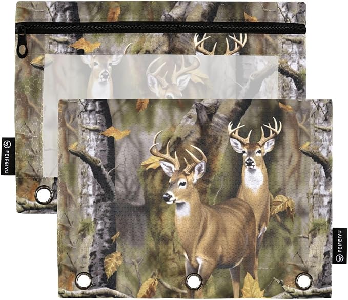 Camo Deer Hunting Pencil Pouches for 3 Ring Binder, Zipper Binder Pencil Case, 2 Pack Clear Window Case Bag for Office Organizers