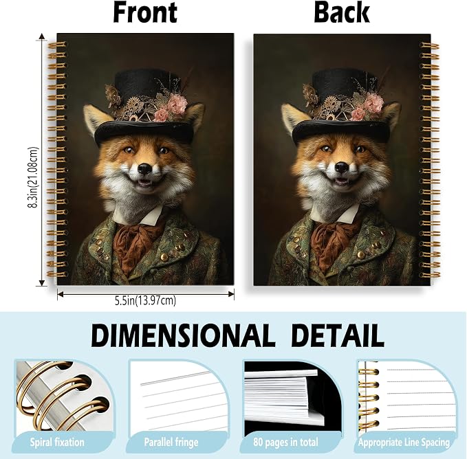 HOXUNQINA Vintage Renaissance Gentleman Fox Journal Notebook 5.5x8.3 | Fox Lover Gifts Journal for Women Men, Whimsical Animal Portrait Aesthetic Notebooks for Work