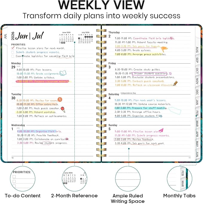Academic Planner 2026-2027, Weekly and Monthly Calendar Book, July 2026 – June 2027, Hardcover Planner with Tabs, Perfect for Teachers, Students, Women & Men, A5 (6.4" x 8.5") - Giraffes