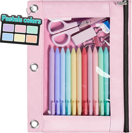 Forvencer Pencil Pouch for 3 Ring Binder, Pastels Pencil Case with Smooth Zipper, Cute Soft Pen Bag with Clear Window & 3 Reinforced Grommets, Big Capacity Binder Bag, School Office Supplies, Pink
