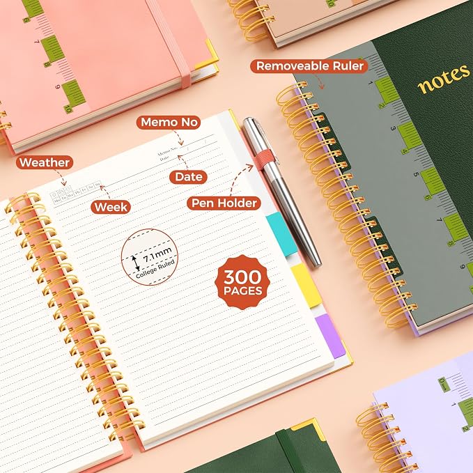XYark A4 Hardcover Spiral Notebook, 8.5"x11" College Ruled Notebooks with Removable Dividers Tabs & Ruler, 5 Subject Notebook 300 Pages, Large Lined Journal for Women Men School Work Office, Green