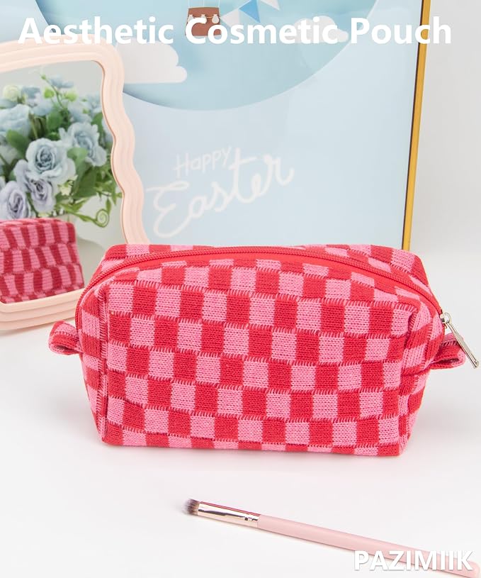 Checkered Makeup Bag for Purse, Small Travel Cosmetic Pouch,Red Pink | Cute Zipper Makeup Organizer for Women, Travel Essentials, Toiletries, Makeup Brushes, Beauty Accessories&Bridesmaid Gifts