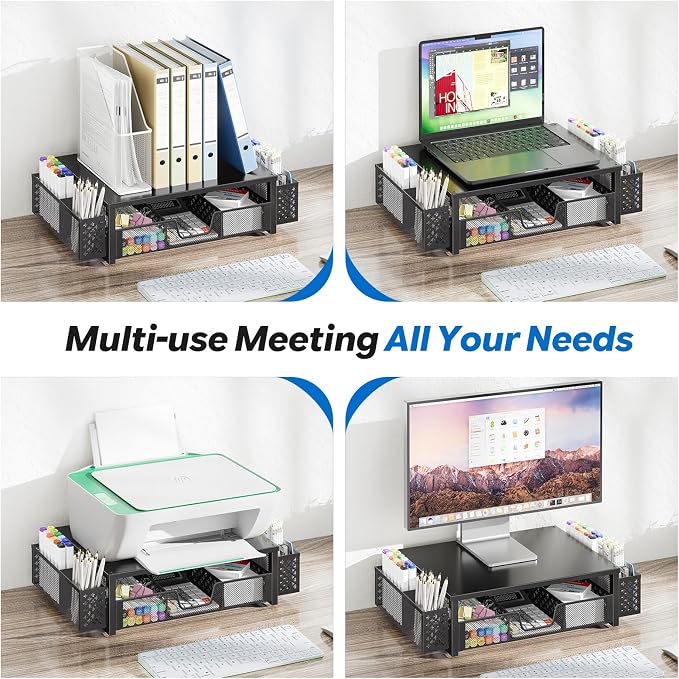 Simple Trending 2-Tier Desk Organizer, Computer Monitor Stand Riser, Black | Metal Laptop & Printer Stand, Desktop Organizer with Drawer & 2 Pen Holders, Anti Slip Pads, 18.5"W x 9.5"D x 4.75"H