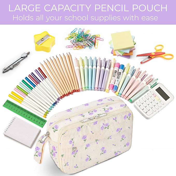 WOBAGMEN Cute Pencil Case,Large Corduroy Zippered Pencil Case Pouch, aesthetic Pencil Bag with Compartments, Pencil Pouch School Supplies (HY-corduroy pc-purple floral)
