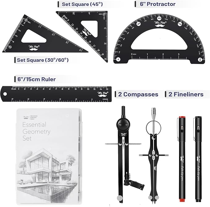 Mr. Pen- Professional Geometry Set, 15 pcs, Drafting Tools with Protractor | Compass, Metal Ruler, Triangles, Pens & Pencils, Complete Geometry & Drafting Kit for Architects, Engineers & Students
