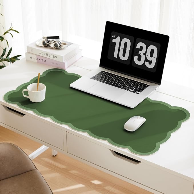 Scalloped Desk Mat, 31.5" x 15.7" Dark Forest Green Large Cute Aesthetic Desk Accessories, PU Leather Computer Laptop Desk Mouse Keyboard Pad, Desk Writing Mat for Vanity/Work/Home Decor